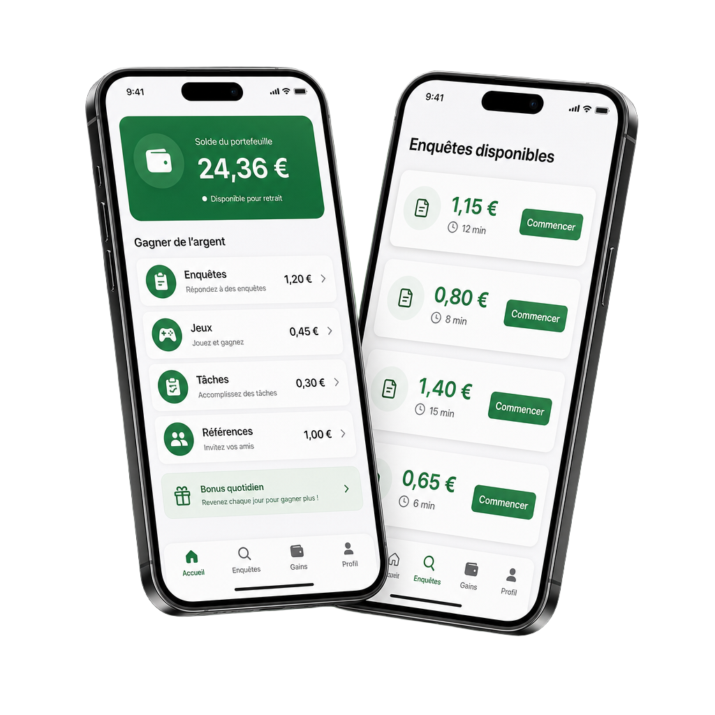 Illustration ParrainCode de deux smartphones affichant une application de sondages rémunérés