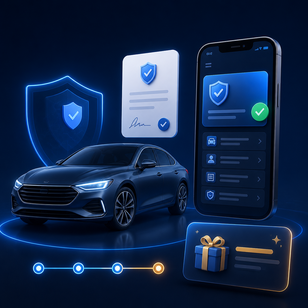 Illustration ParrainCode représentant une voiture, un smartphone affichant une interface d'assurance, une carte de contrat validé et une carte bonus de parrainage