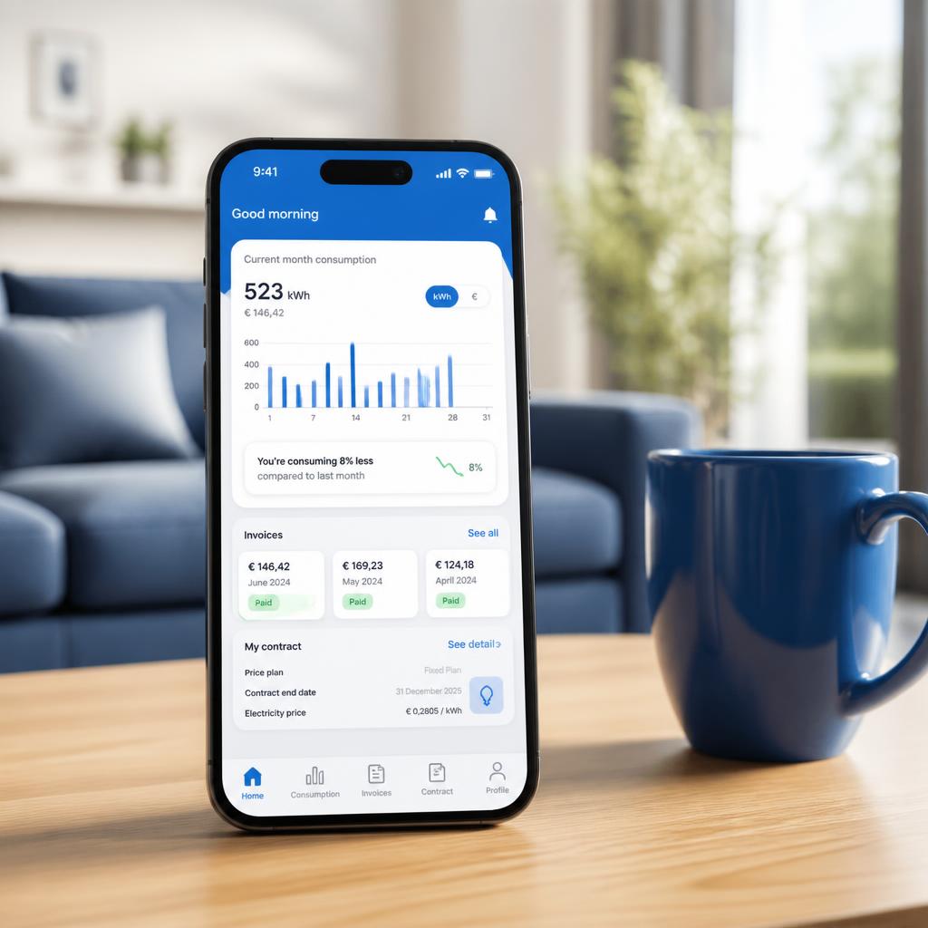 Mockup illustratif : un smartphone posé sur une table affiche un espace client énergie avec suivi de consommation, factures et contrat