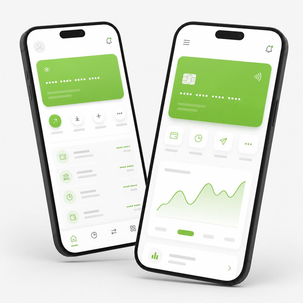 Mockup illustratif : deux smartphones affichant une application bancaire aux accents verts avec un écran de compte, un écran de suivi et une carte bancaire