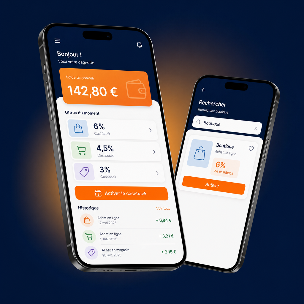 Illustration ParrainCode de deux smartphones affichant une interface de cashback avec cagnotte, taux par marchand et bouton d'activation