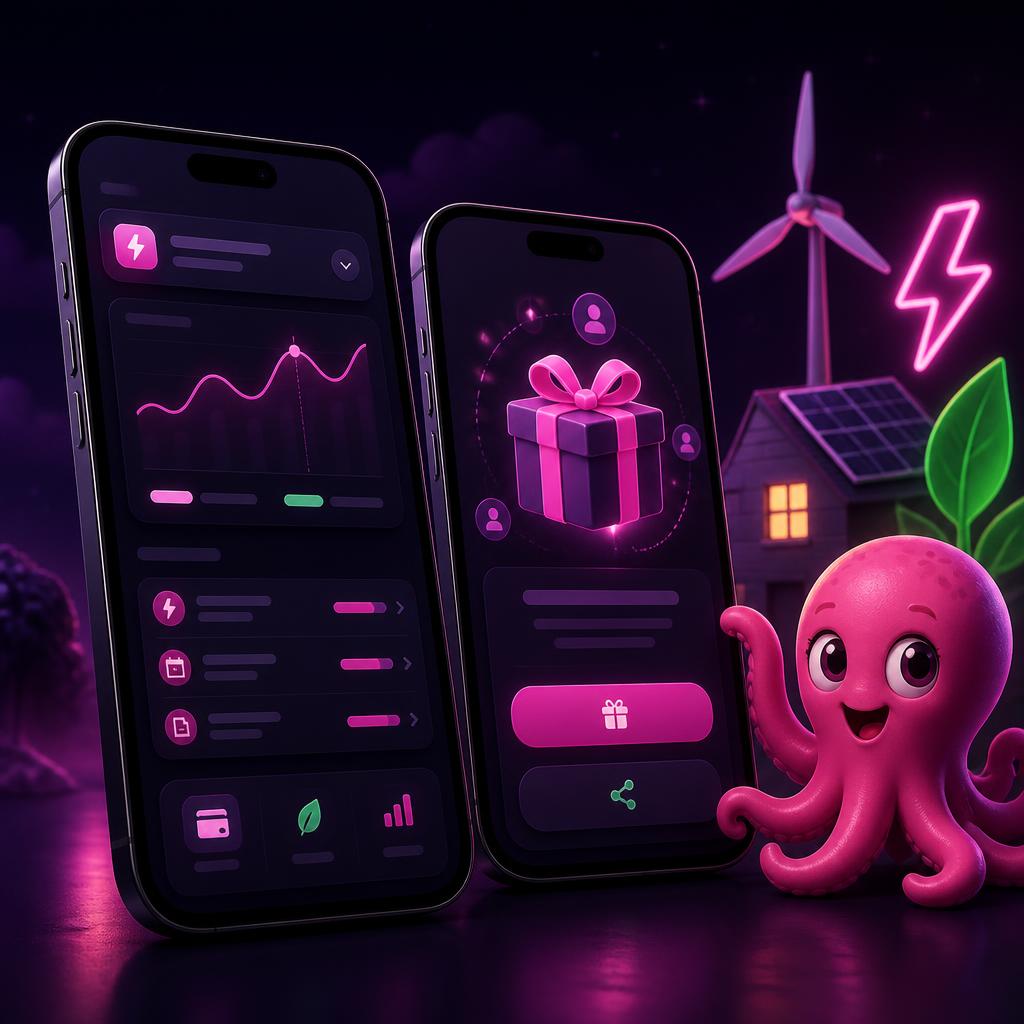Mockup illustratif : deux smartphones affichant un espace client énergie verte avec suivi de consommation, factures et écran de parrainage, à côté d'une mascotte poulpe rose