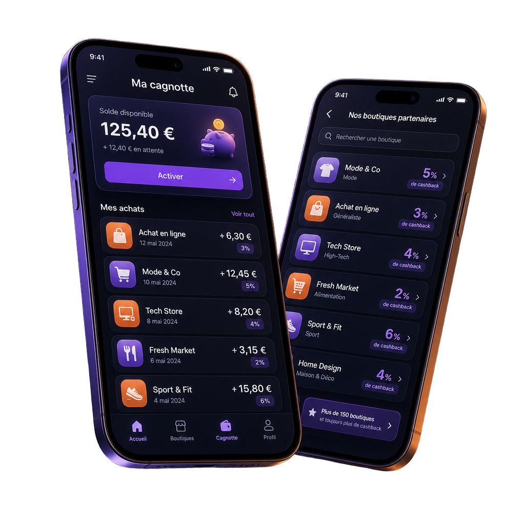 Illustration ParrainCode de deux smartphones affichant une application de cashback avec cagnotte et boutiques partenaires