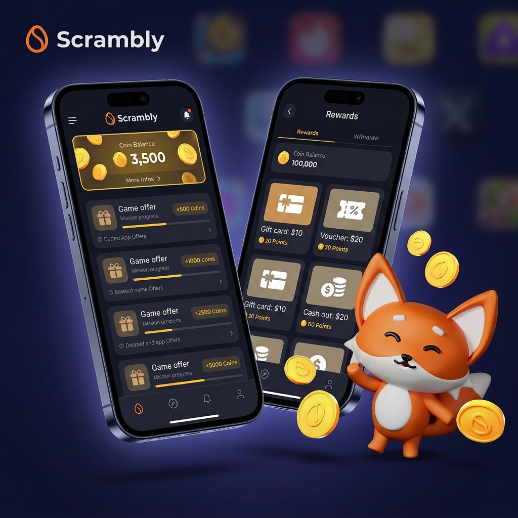 Mockup illustratif de l'application Scrambly : deux smartphones montrant une liste d'offres de jeux avec progression et solde en coins, puis un écran de récompenses