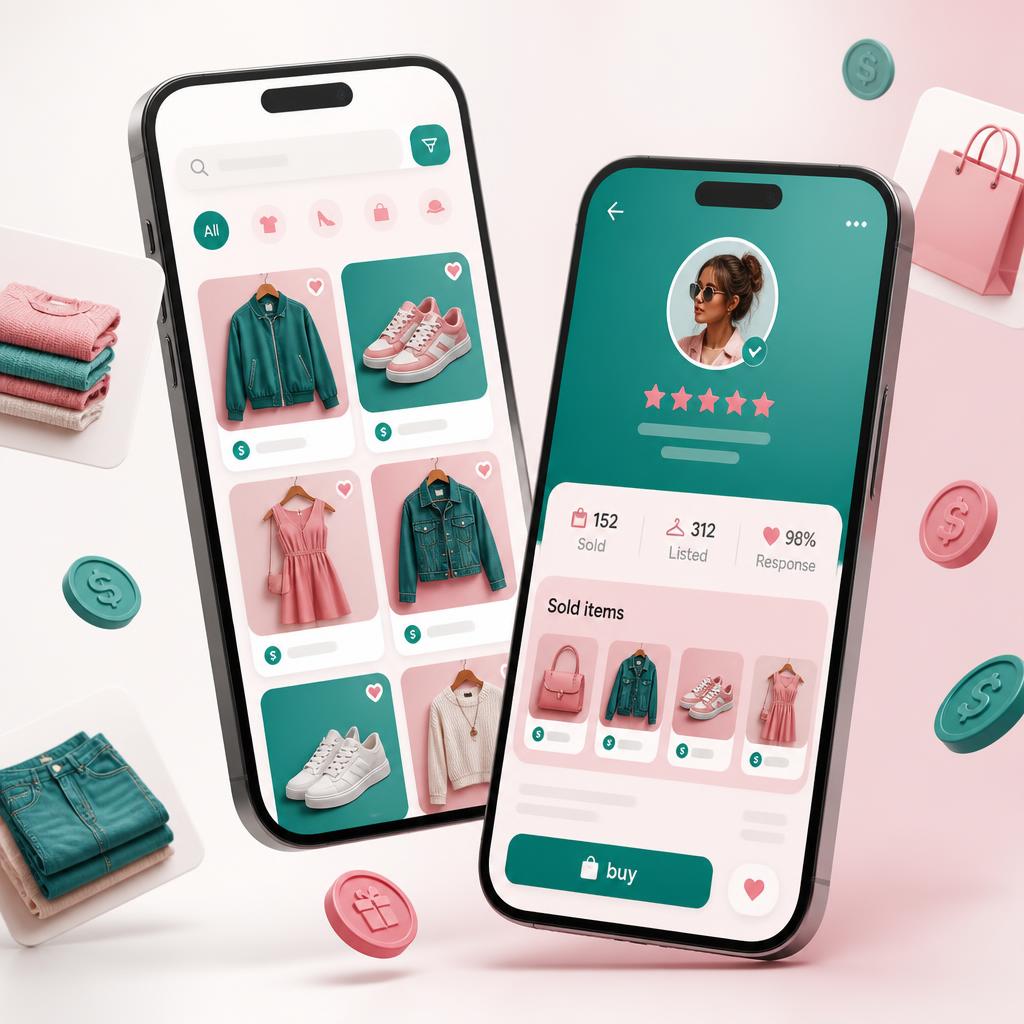Mockup illustratif : deux smartphones affichant une application de mode de seconde main avec des fiches vêtements et un profil vendeur